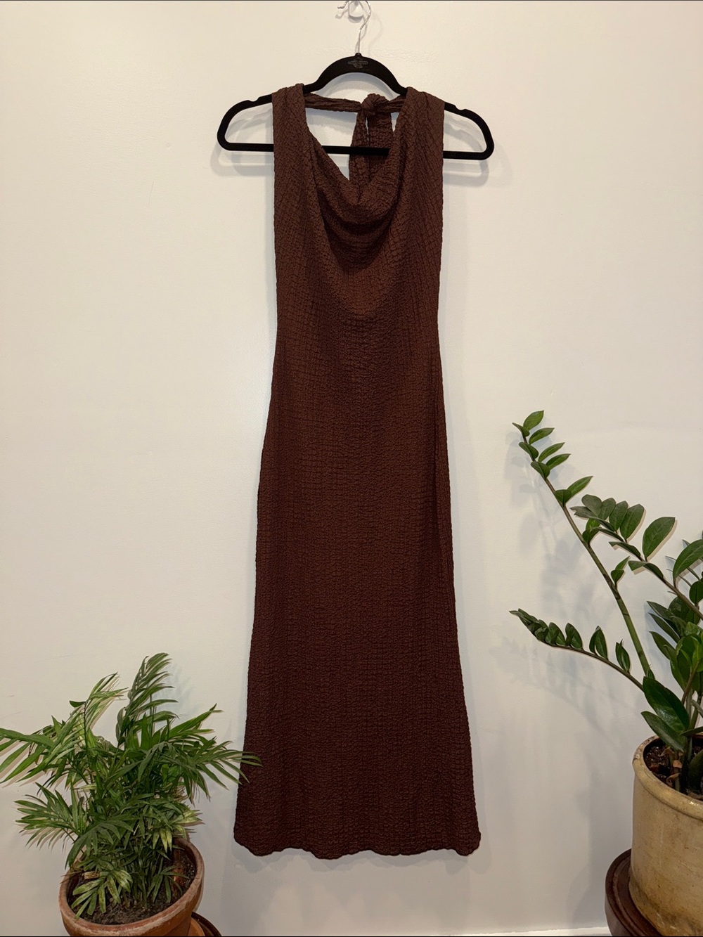 See You Monday Brown Textured Cowl-Neck Maxi Dress